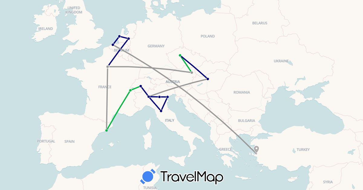 TravelMap itinerary: driving, bus, plane in Austria, Belgium, Switzerland, Czech Republic, Spain, France, Hungary, Italy, Netherlands, Turkey (Asia, Europe)